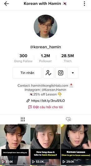 Korean_hamin là kênh TikTok để học tiếng Hàn